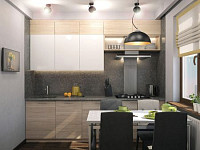Дизайн невеликої кухні з світлими фасадами і темним фартухом. Дизайн КУХНІ