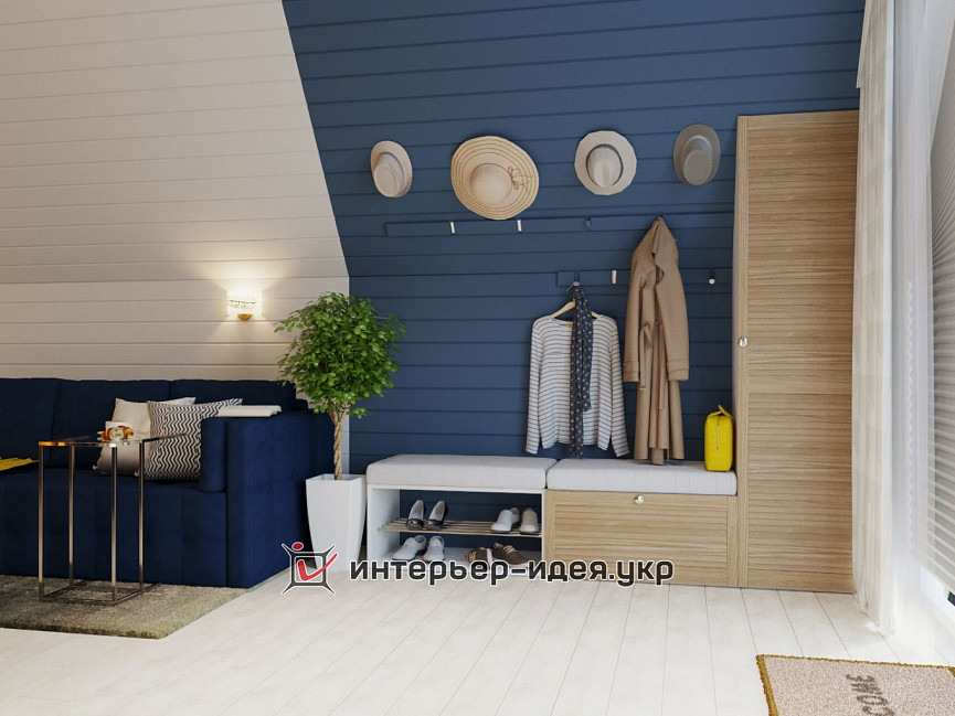 Дизайн гостьової кімнати в синьому кольорі з деревом