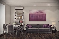 Дизайн вітальні, де вміло поєднуються фіолетовий та сірий колір. Дизайн ВІТАЛЬНІ