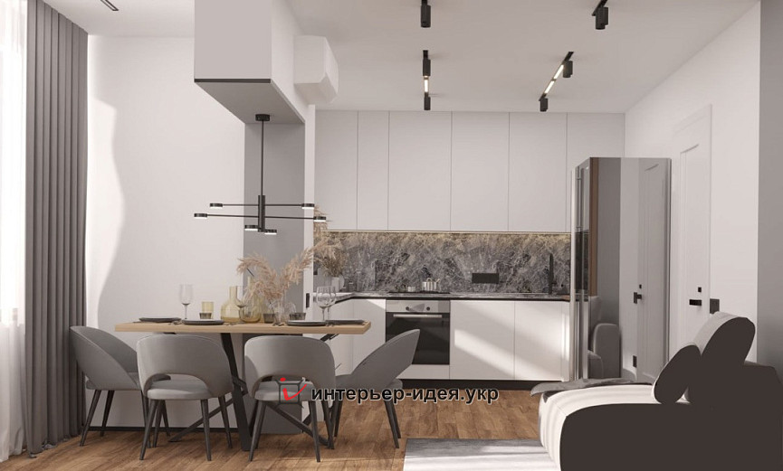 Кухня-гостиная в минималистичном стиле с элементами лофта