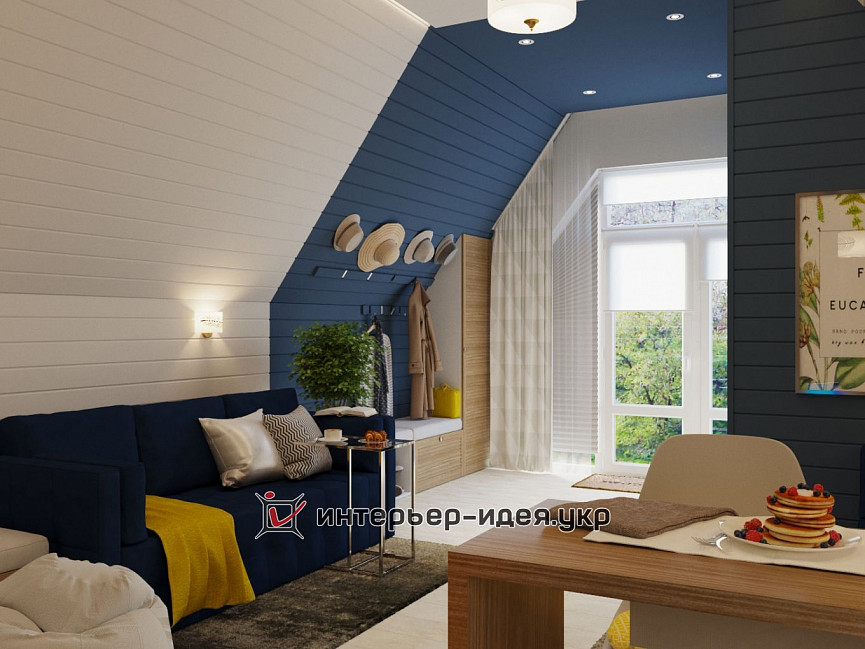 Дизайн гостьової кімнати в синьому кольорі з деревом