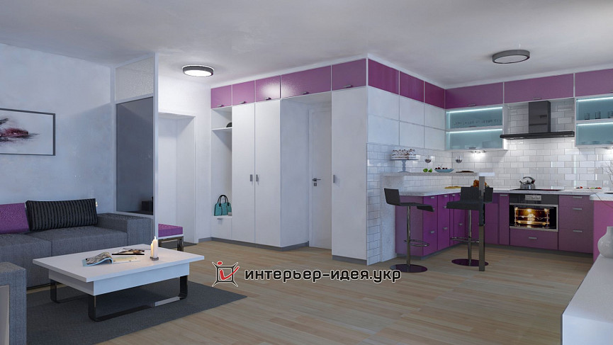 Дизайн білосніжною кухні-студії з фіолетовими акцентами