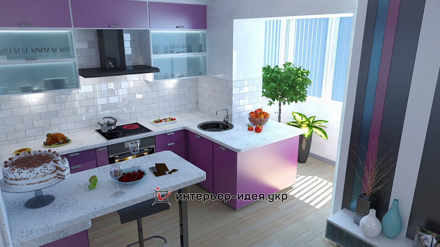 Дизайн білосніжною кухні-студії з фіолетовими акцентами