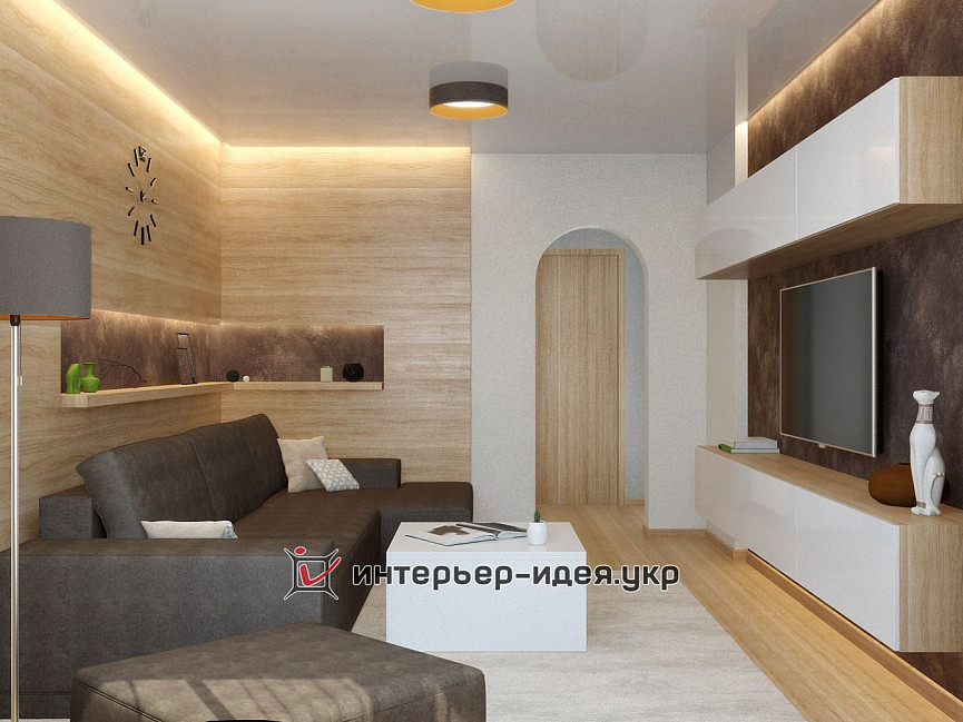 Дизайн вітальні в теплих пісочних кольорах з використанням паркетної дошки