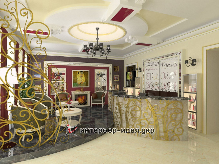 Дизайн главного зала салона красоты в стилистике арт-деко