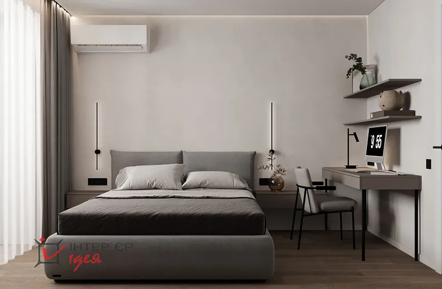 Мінімалістична спальня з робочим місцем в ЖК «Парковий квартал»