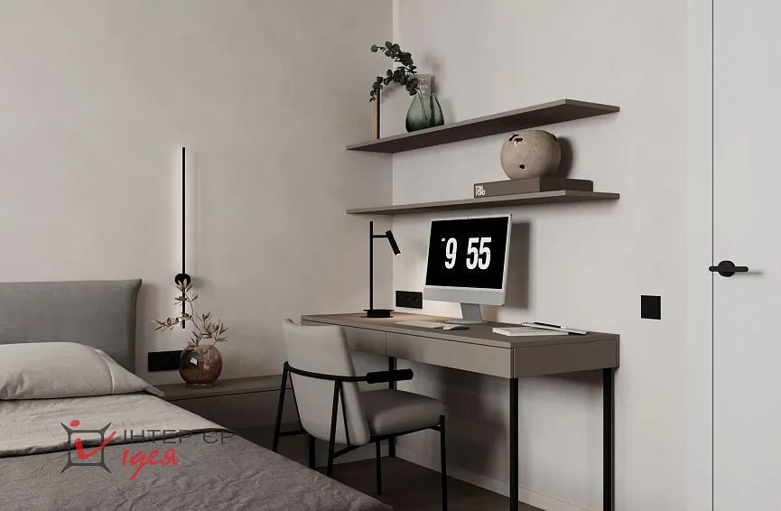 Мінімалістична спальня з робочим місцем в ЖК «Парковий квартал»