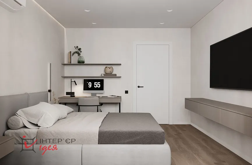 Мінімалістична спальня з робочим місцем в ЖК «Парковий квартал»