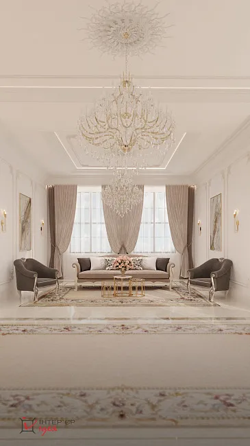 Вітальня з холом та сходами в класиці