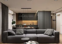 Контрастна кухня-вітальня в стилі контемпорарі. Дизайн КУХНІ-СТУДІЇ