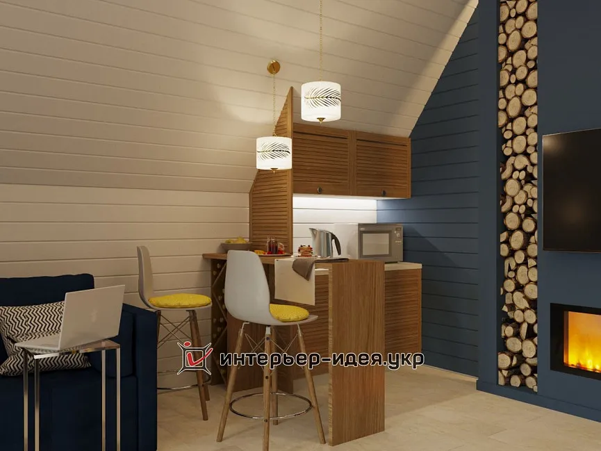 Дизайн гостьової кімнати в синьому кольорі з деревом