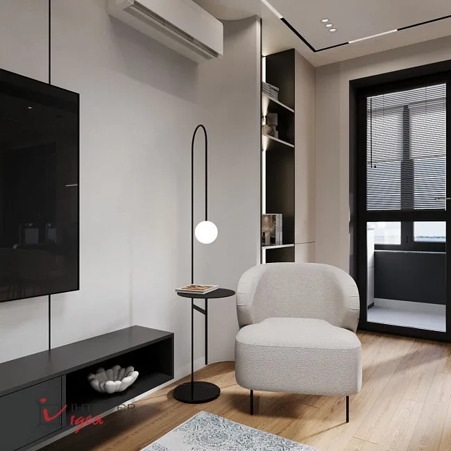 Сучасний мінімалізм в кухні-студії 28 м2,з балконом