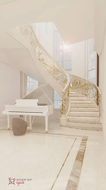 Вітальня з холом та сходами в класиці