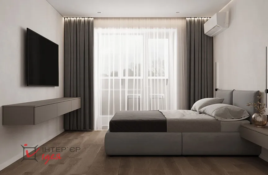 Мінімалістична спальня з робочим місцем в ЖК «Парковий квартал»