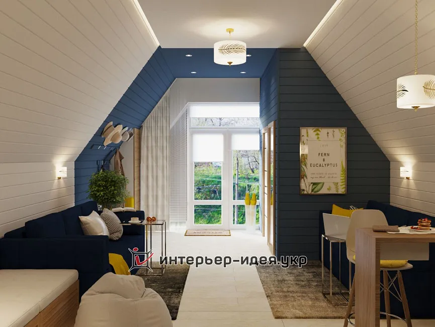 Дизайн гостьової кімнати в синьому кольорі з деревом