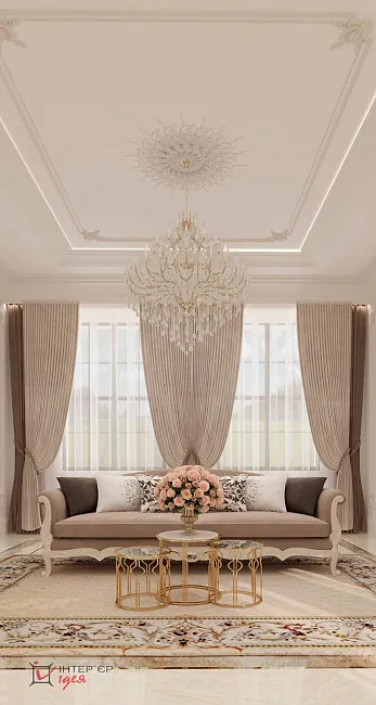 Вітальня з холом та сходами в класиці