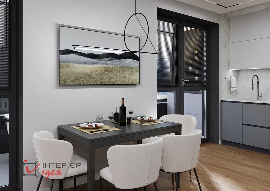 Сучасний мінімалізм в кухні-студії 28 м2,з балконом