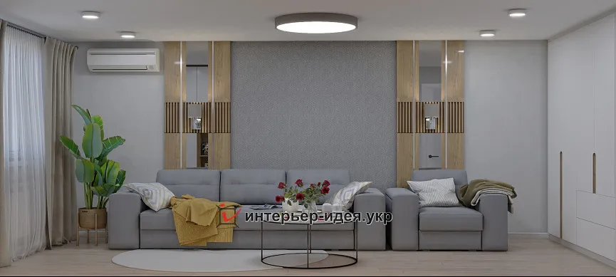 Світла вітальня з дерев’яними елементами