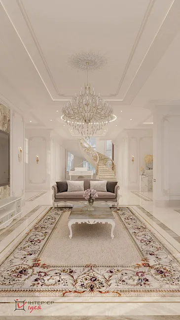 Вітальня з холом та сходами в класиці