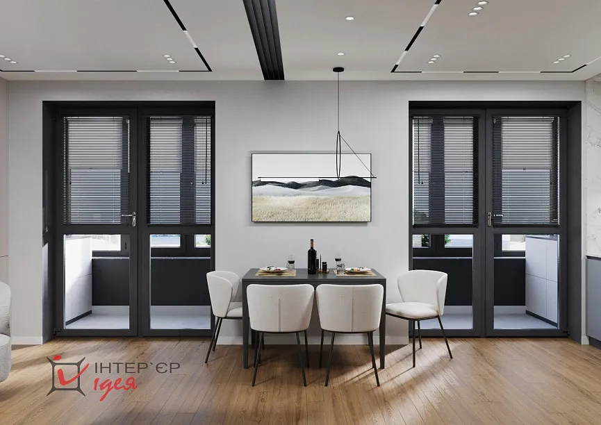 Сучасний мінімалізм в кухні-студії 28 м2,з балконом