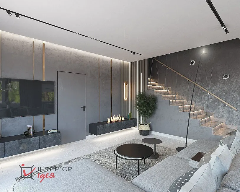 Сучасний стиль у контрастних тонах. Кухня-вітальня 40 кв.м